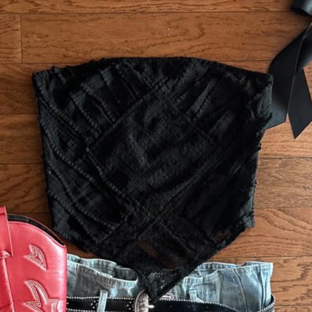 Cindy Jane Black Crochet Lace Smocked Bandana Top - Black